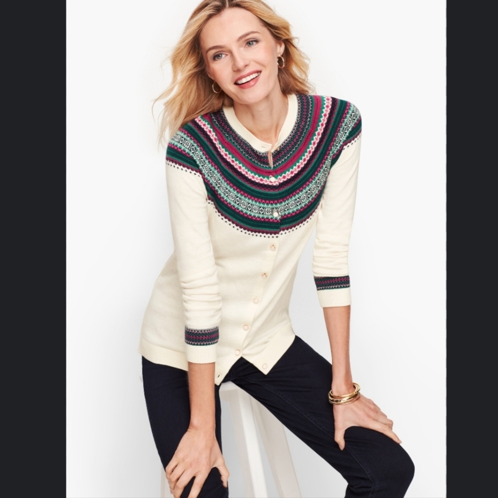 Talbots Fair Isle Trim Button Down Cotton Blend Cardigan Sweater Women's Size S